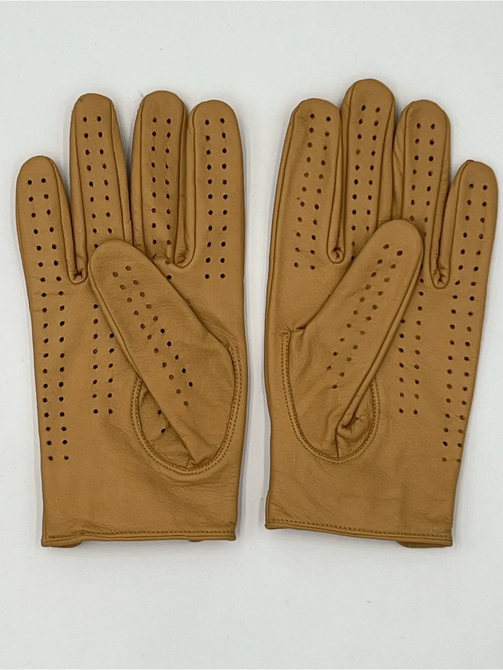 Tan Leather Gloves Full Finger Retro Moto Driving Style Snap Wrist Unisex Medium